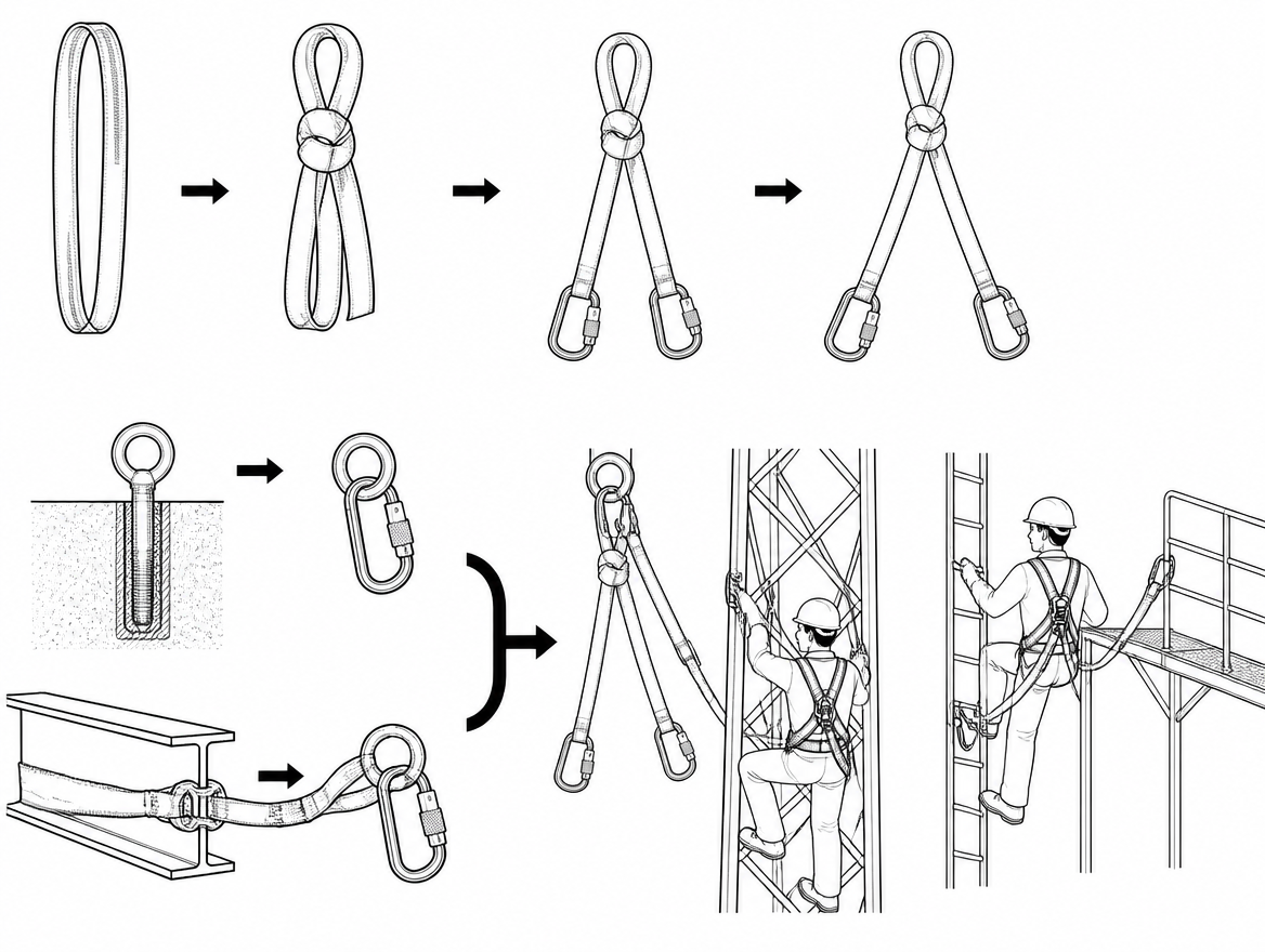 The improvisation is always the same. A worker needs continuous attachment while climbing lattice steel, moving past a scaffold node, or transferring from a ladder to a platform. T