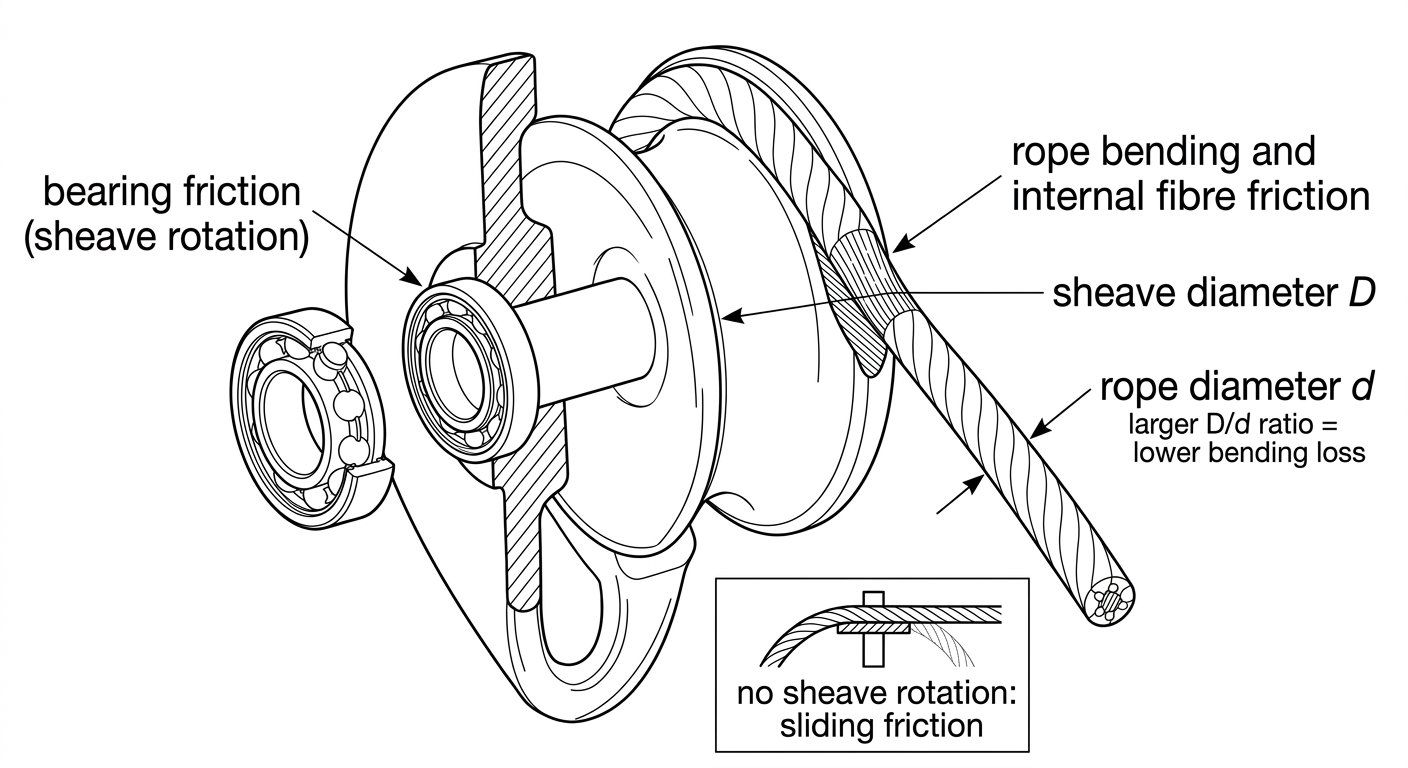 Cutaway diagram of a pulley showing bearing friction at the axle and rope bending loss around the sheave, with sheave-to-rope diameter ratio marked.