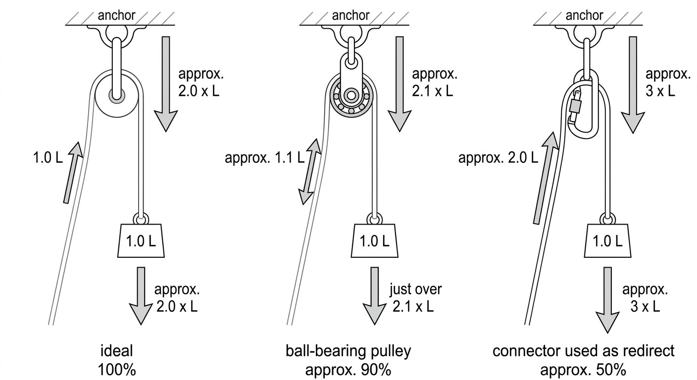 Three free-body diagrams comparing anchor load on a 180-degree redirect at 100%, 90% and 50% pulley efficiency, showing anchor force rising as efficiency falls.