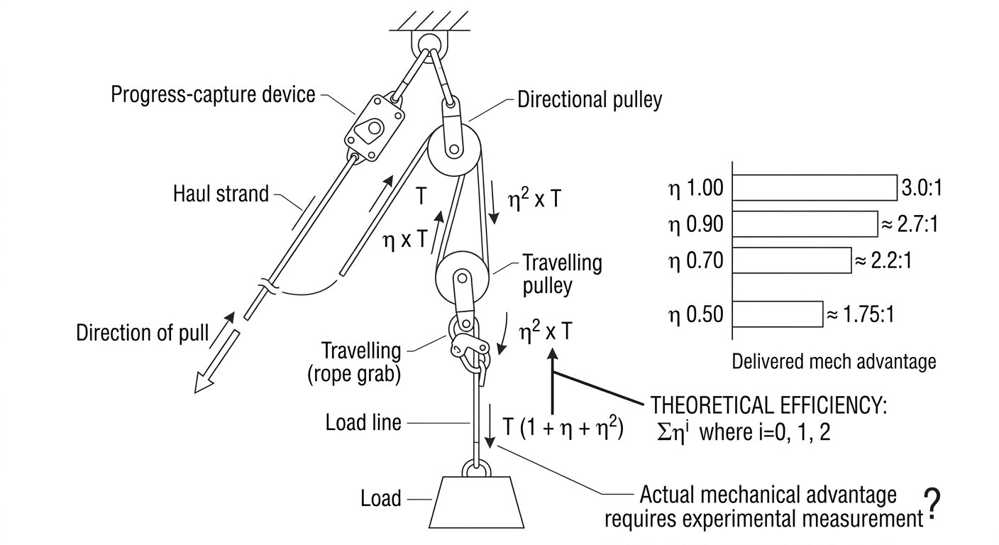 Schematic 3:1 hauling system with strand tensions labelled T, eta T and eta squared T, alongside a bar chart of delivered mechanical advantage at four efficiency values.