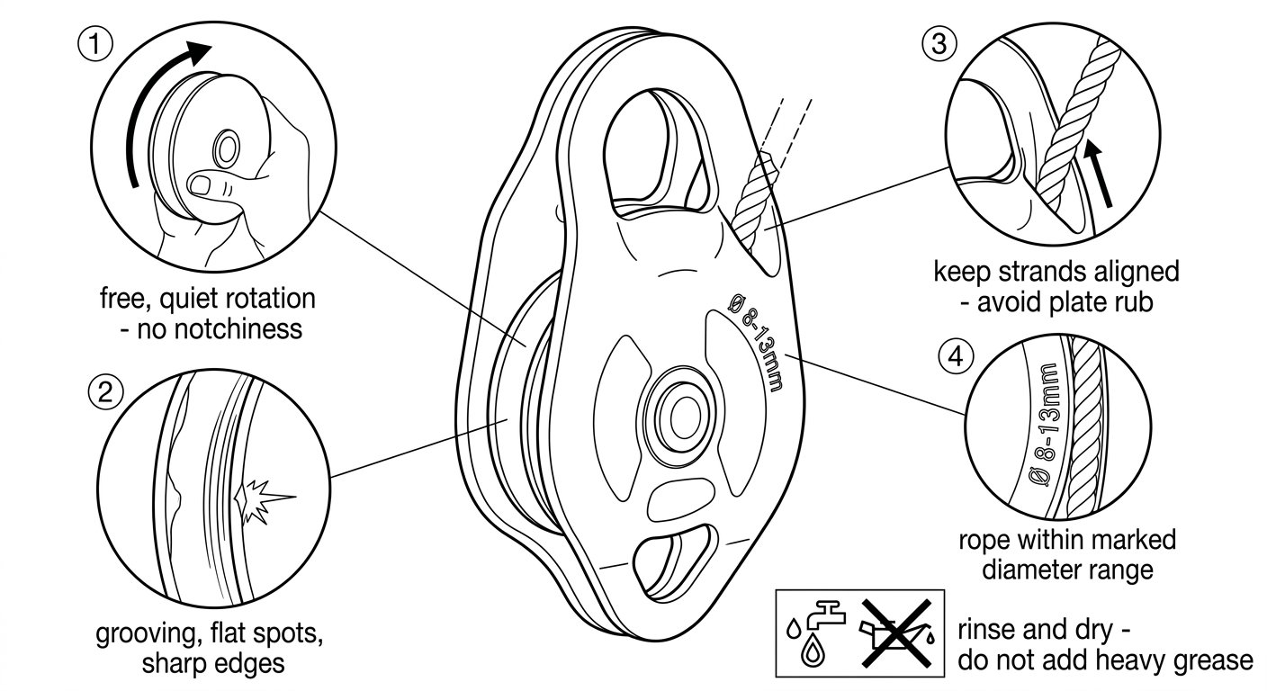 Inspection diagram of a pulley with four callouts: free sheave rotation, sheave groove wear, strand alignment against the side plates, and correct rope diameter range.