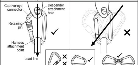 Diagram showing a captive-eye connector and retaining pin keeping load on the spine versus a free-rotating connector ending up cross-loaded, plus conn