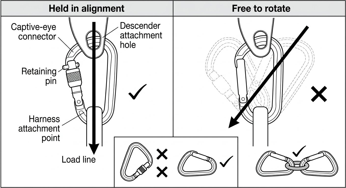Diagram showing a captive-eye connector and retaining pin keeping load on the spine versus a free-rotating connector ending up cross-loaded, plus connector-to-connector versus connector-to-ring