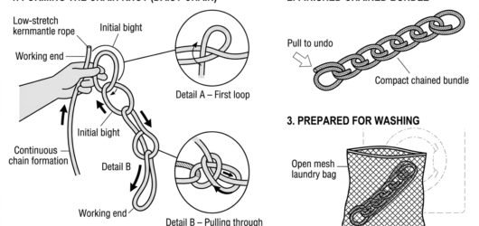 Diagram showing a low-stretch rope being chain-knotted into a compact daisy chain and placed in a mesh laundry bag before washing