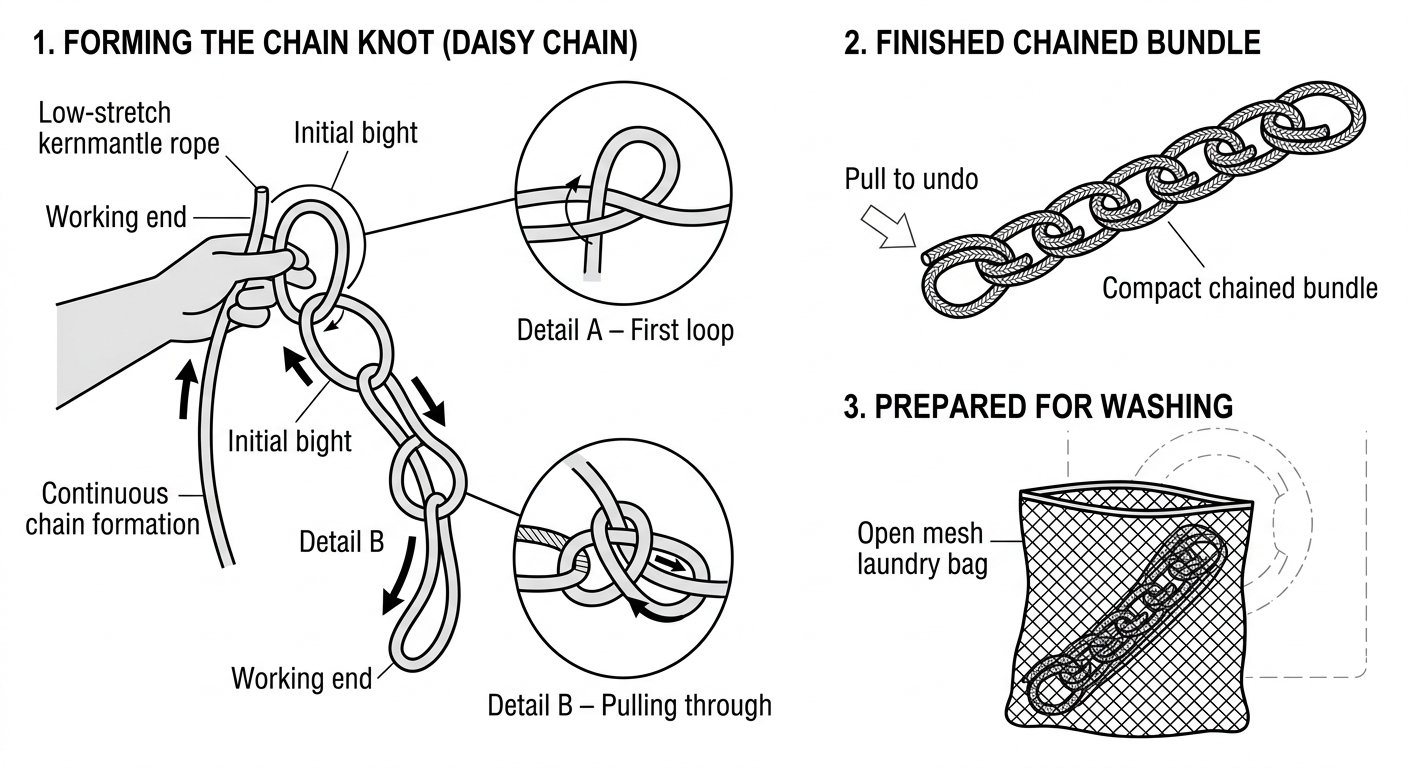 Diagram showing a low-stretch rope being chain-knotted into a compact daisy chain and placed in a mesh laundry bag before washing