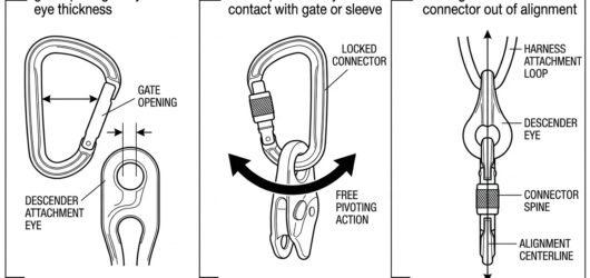 Three-panel line diagram of the pre-use check: measuring gate opening against the descender eye, confirming free pivot, and confirming alignment of th