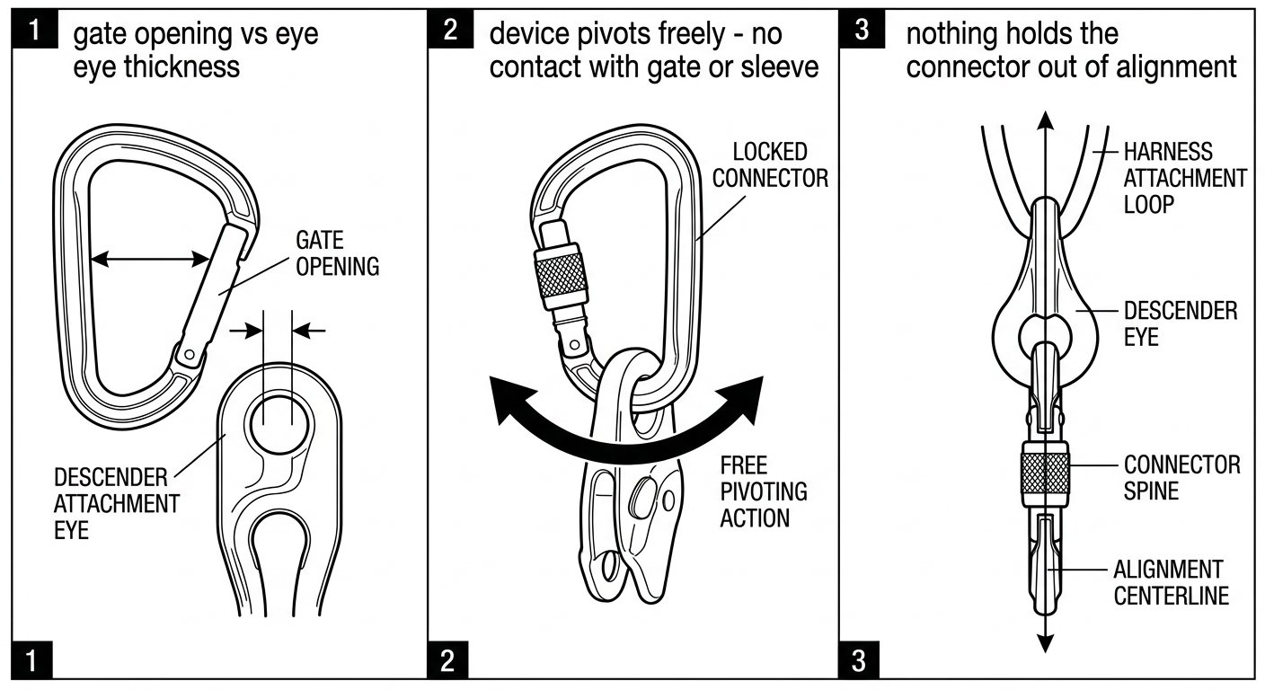 Three-panel line diagram of the pre-use check: measuring gate opening against the descender eye, confirming free pivot, and confirming alignment of the assembly.