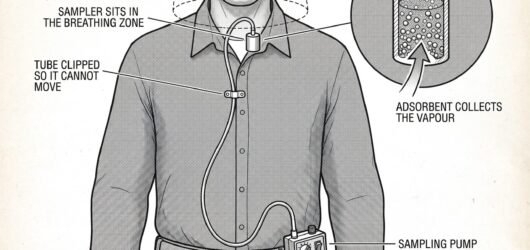 Simple line-art illustration of a personal air sampling pump clipped to a worker's belt with a sampling tube running to the collar.