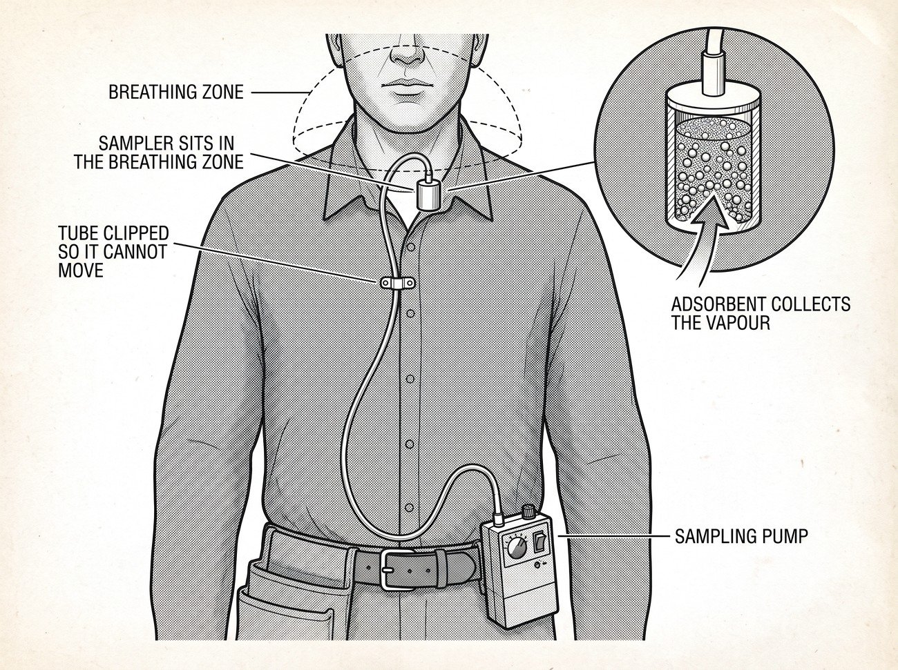 Simple line-art illustration of a personal air sampling pump clipped to a worker's belt with a sampling tube running to the collar.