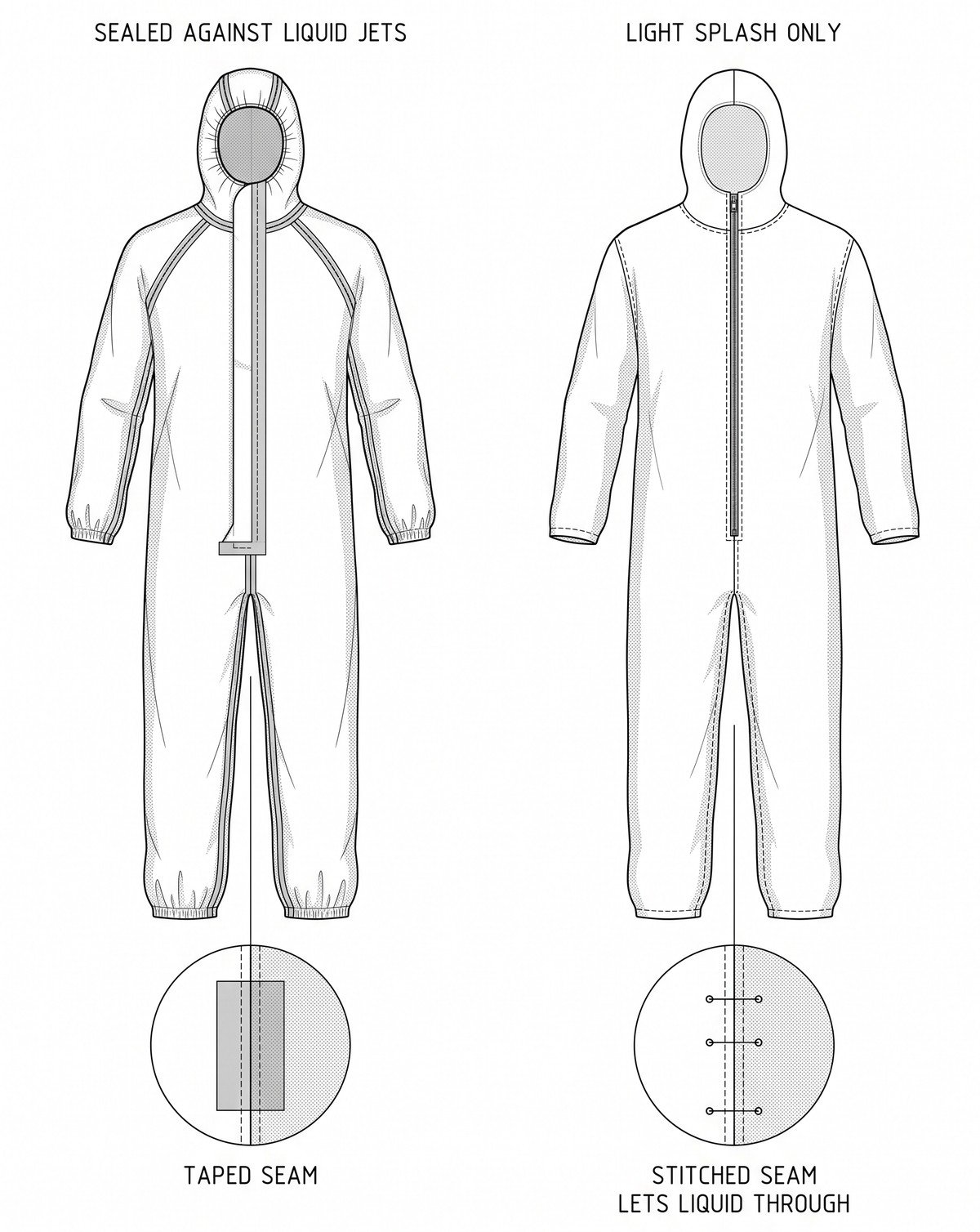 Simple line-art illustration of a one-piece chemical protective coverall with a sealed hood and elasticated cuffs.
