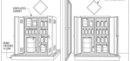 Simple line-art illustration of two chemical storage cabinets separated by a solid physical partition wall.