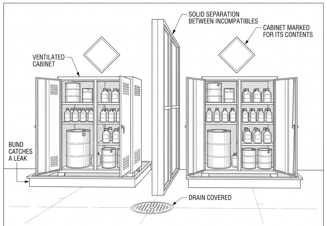 Simple line-art illustration of two chemical storage cabinets separated by a solid physical partition wall.