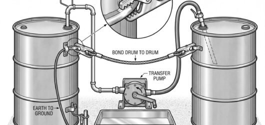 Simple line-art illustration of a transfer pump connected between two chemical containers with a bonding cable clipped between them.