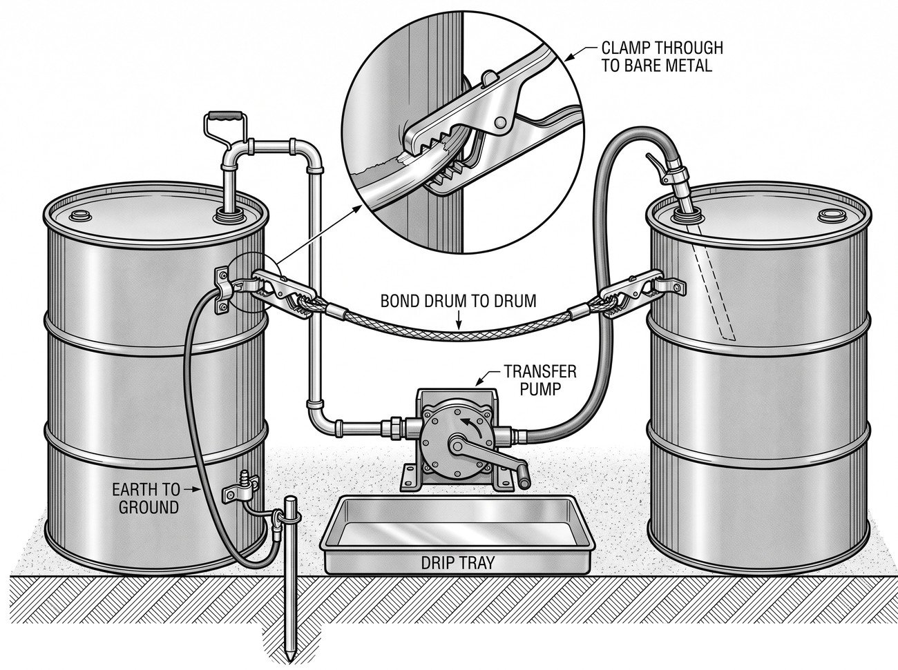 Simple line-art illustration of a transfer pump connected between two chemical containers with a bonding cable clipped between them.