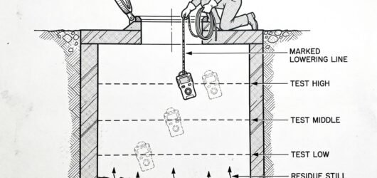 Simple line-art illustration of a gas detector being lowered on a cable into a confined space entry hatch to sample air at different depths.