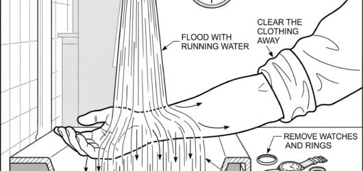 Simple line-art illustration of a hand held under a stream of running water at an emergency eyewash station.