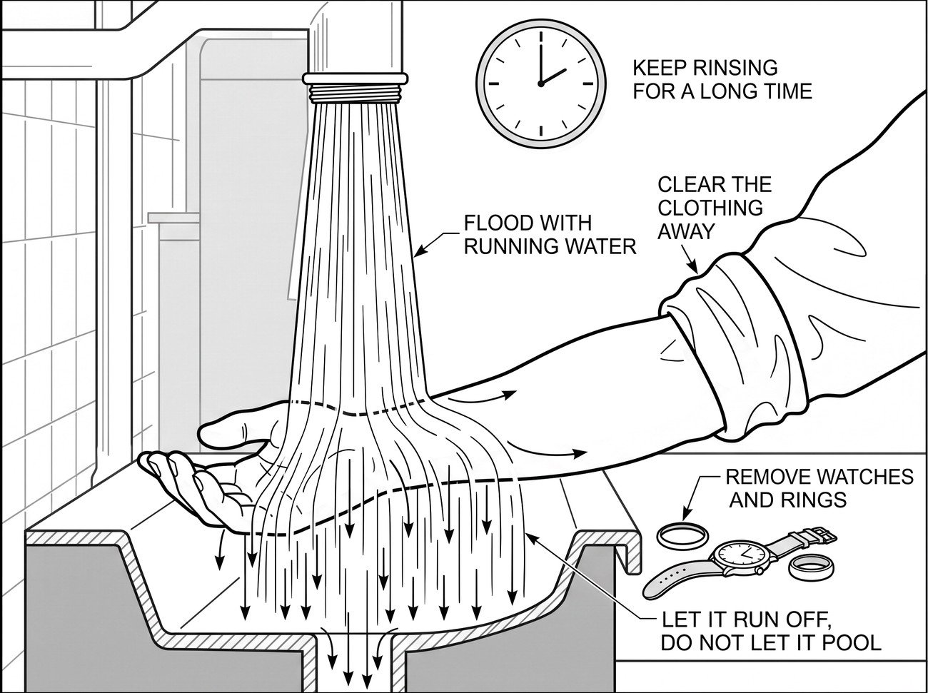 Simple line-art illustration of a hand held under a stream of running water at an emergency eyewash station.