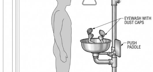 Simple line-art illustration of a combined emergency shower and eyewash station with a pull-handle and hands-free eyewash bowl.