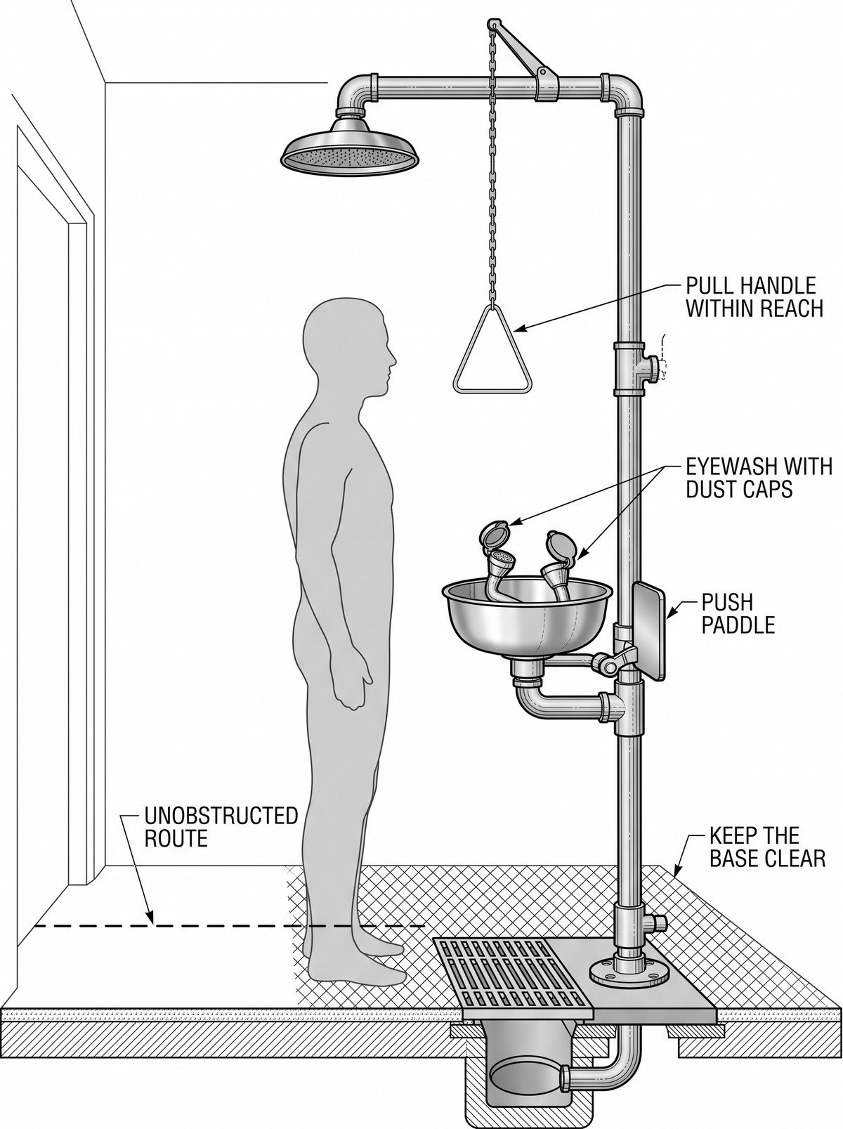 Simple line-art illustration of a combined emergency shower and eyewash station with a pull-handle and hands-free eyewash bowl.