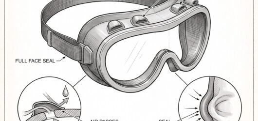 Simple line-art illustration of a pair of sealed chemical splash goggles with indirect ventilation ports.