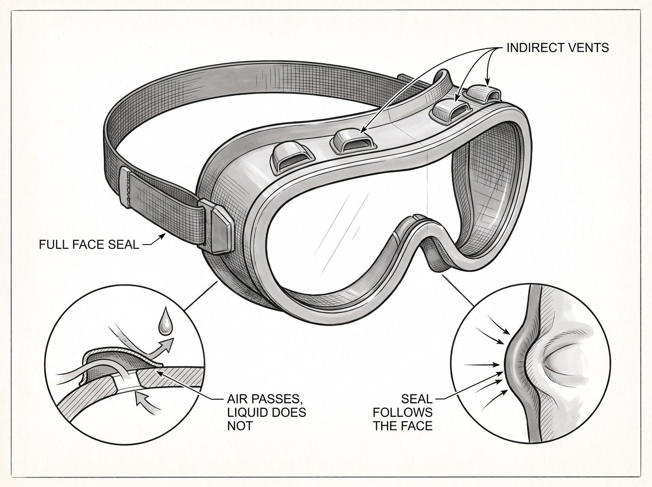 Simple line-art illustration of a pair of sealed chemical splash goggles with indirect ventilation ports.