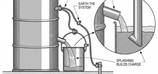 Simple line-art illustration of two metal drums connected by a bonding cable, with a separate grounding cable running to an earth stake.