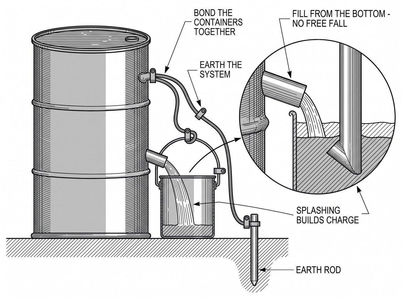 Simple line-art illustration of two metal drums connected by a bonding cable, with a separate grounding cable running to an earth stake.