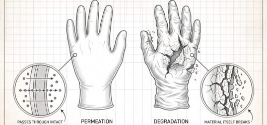 Simple line-art illustration of two gloved hands, one glove shown as a cutaway revealing chemical molecules diffusing through the intact material.