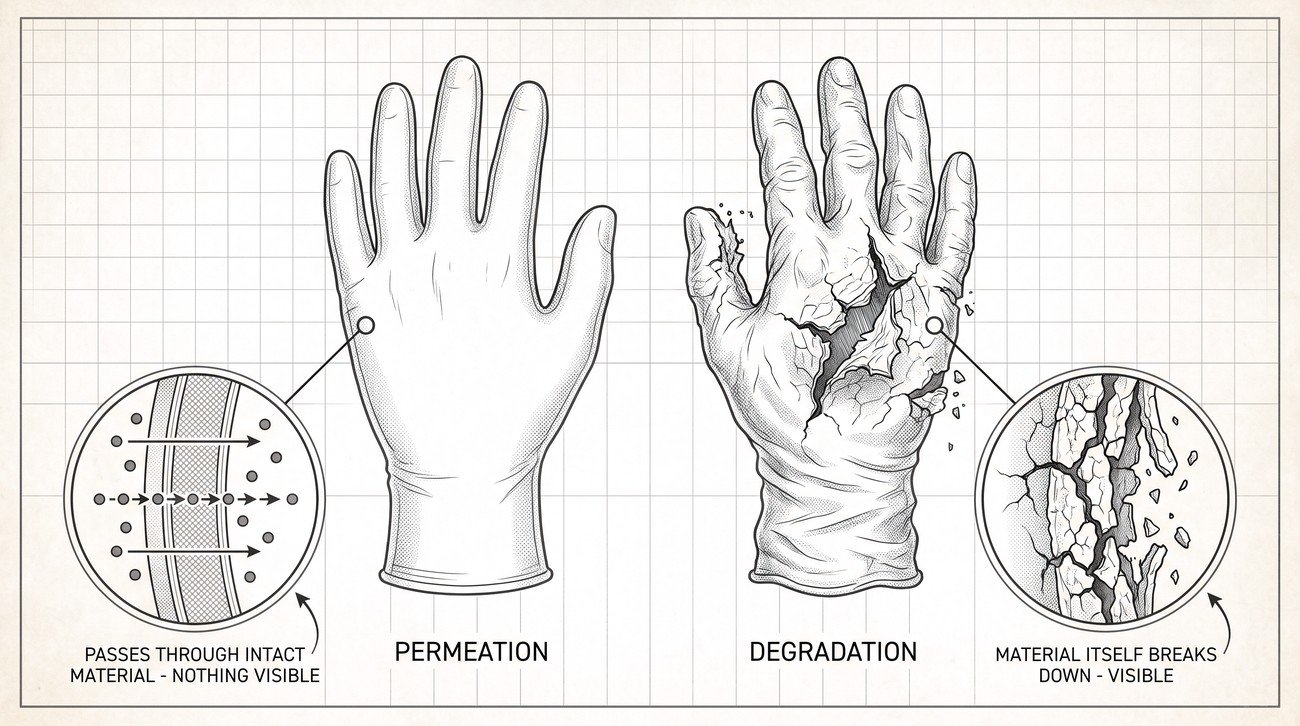 Simple line-art illustration of two gloved hands, one glove shown as a cutaway revealing chemical molecules diffusing through the intact material.