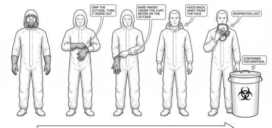 Simple line-art illustration of a person removing a chemical protective glove by peeling it inside-out over the hand.