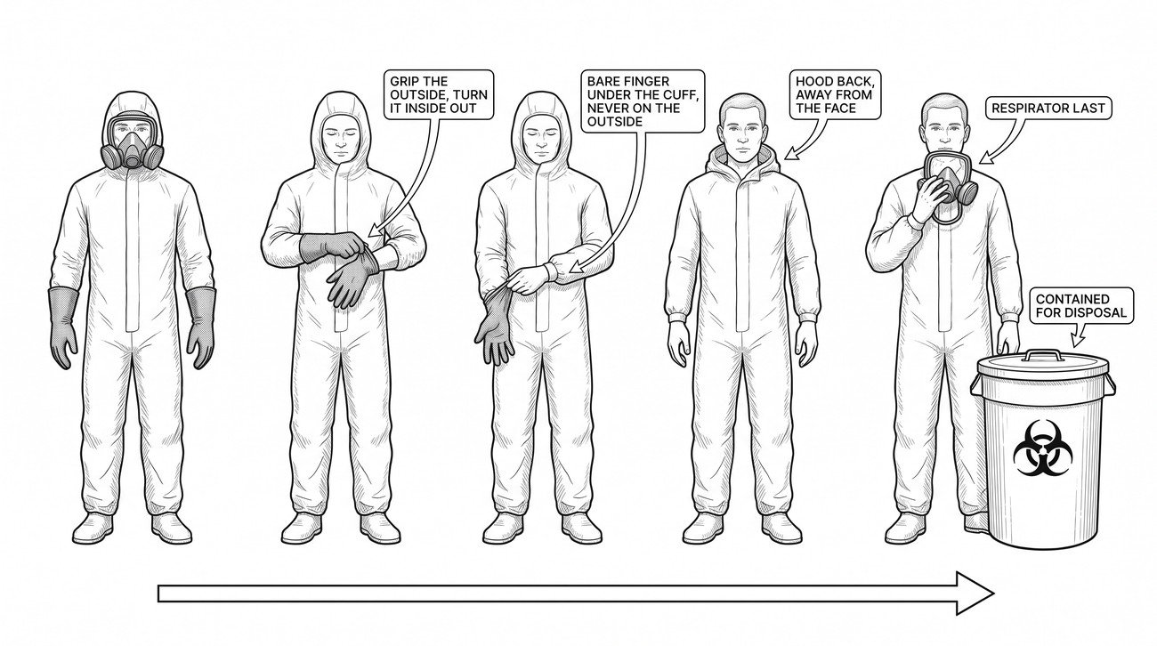 Simple line-art illustration of a person removing a chemical protective glove by peeling it inside-out over the hand.