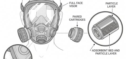 Simple line-art illustration of a full face respirator mask with a screw-in gas cartridge on each side.