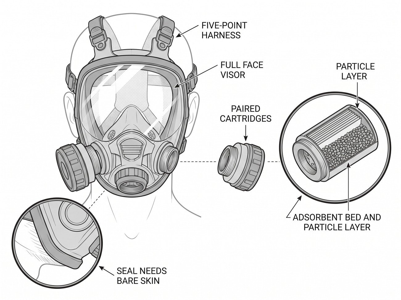 Simple line-art illustration of a full face respirator mask with a screw-in gas cartridge on each side.