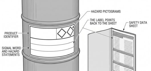 Simple line-art illustration of a chemical drum with a diamond-shaped hazard symbol and a flame symbol printed on its side.
