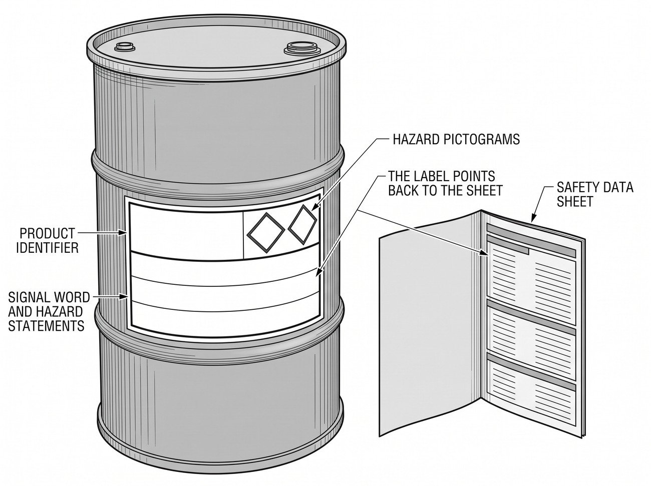 Simple line-art illustration of a chemical drum with a diamond-shaped hazard symbol and a flame symbol printed on its side.