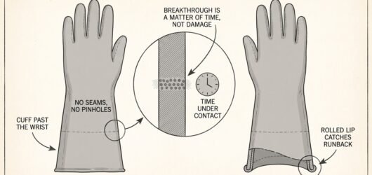 Simple line-art illustration of a chemical-resistant gauntlet glove with a long cuff, laid flat.