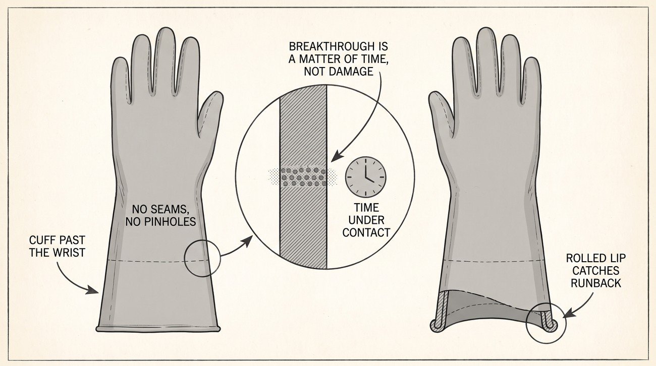 Simple line-art illustration of a chemical-resistant gauntlet glove with a long cuff, laid flat.