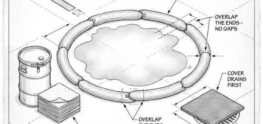 Simple line-art illustration of absorbent spill socks laid in a ring around a small chemical spill on a floor.