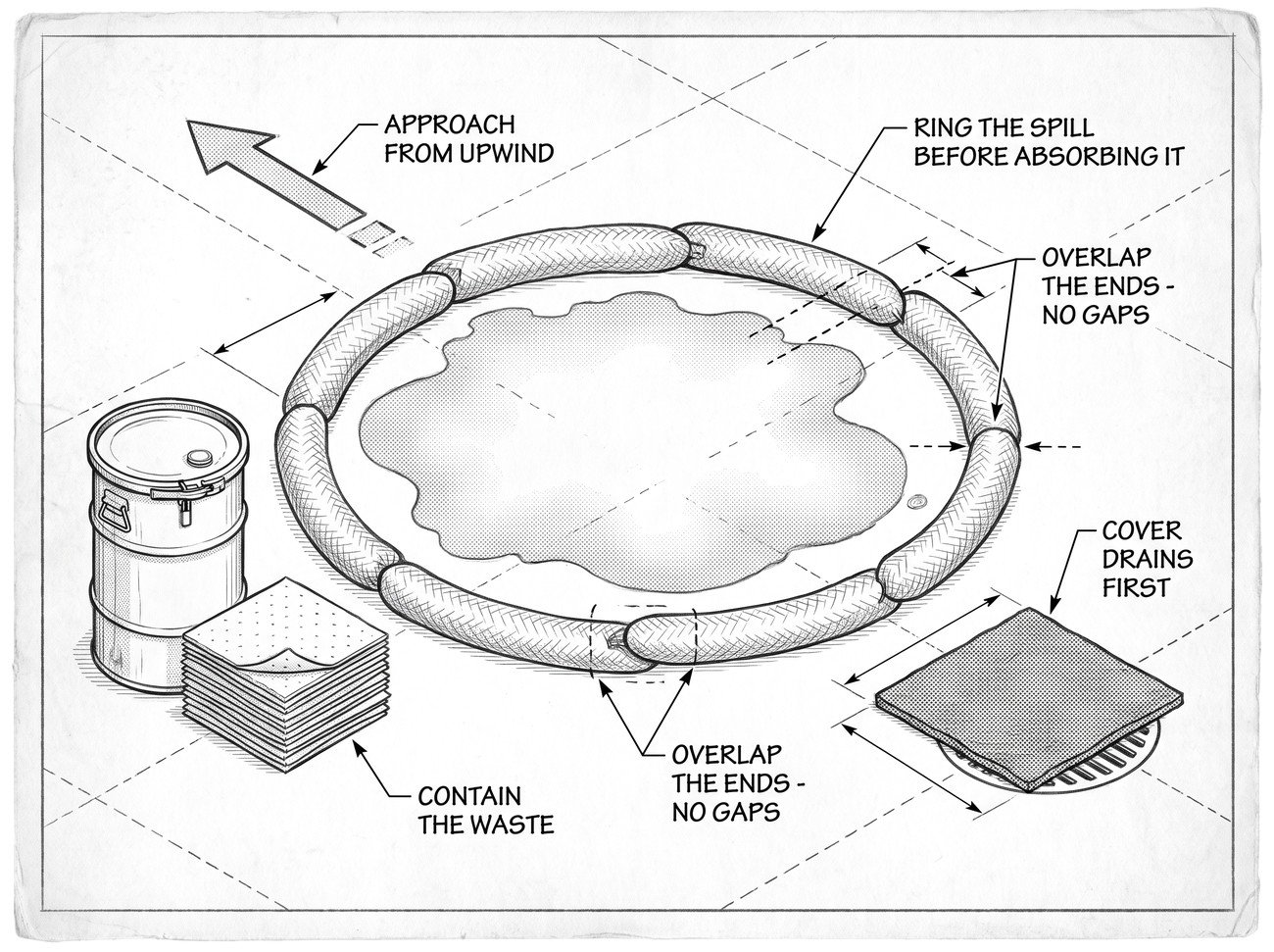 Simple line-art illustration of absorbent spill socks laid in a ring around a small chemical spill on a floor.
