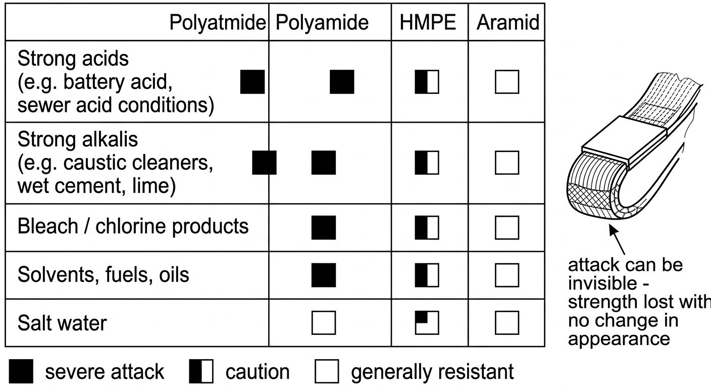 Chemical compatibility matrix showing how acids, alkalis, bleach, solvents and salt water affect polyamide, polyester, HMPE and aramid textiles