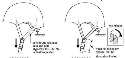 Diagram contrasting the EN 397 releasing chin strap anchorage with the EN 12492 high-strength retention system and roll-off test.