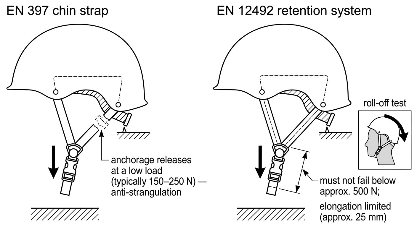 Diagram contrasting the EN 397 releasing chin strap anchorage with the EN 12492 high-strength retention system and roll-off test.