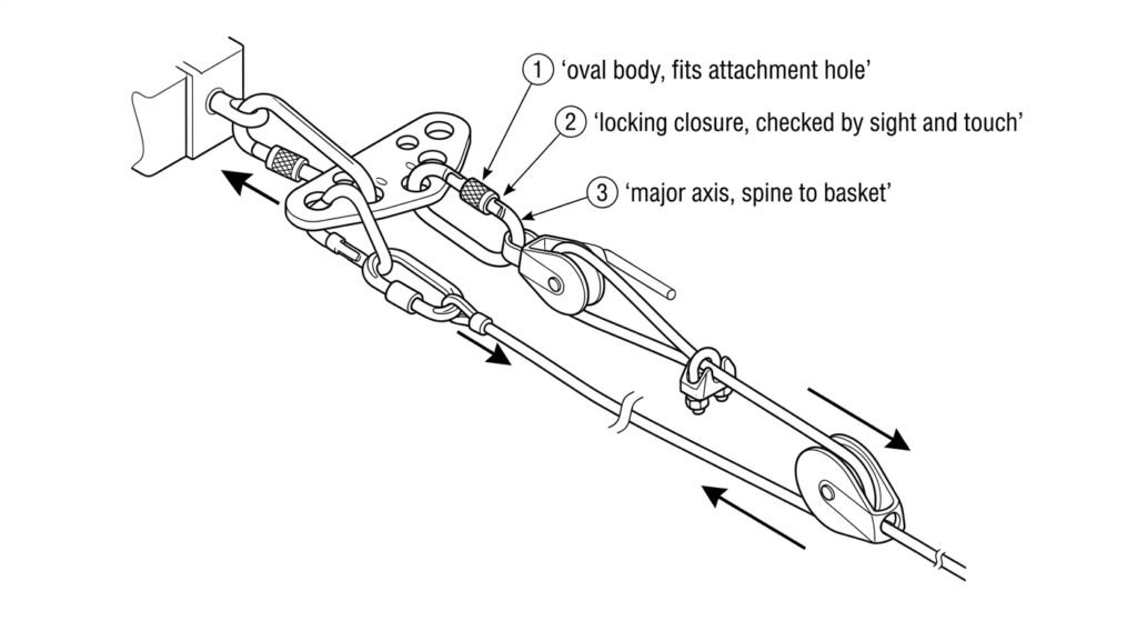 Technical illustration of a hauling system showing locking oval connectors on pulleys, a rigging plate and correct major-axis load paths