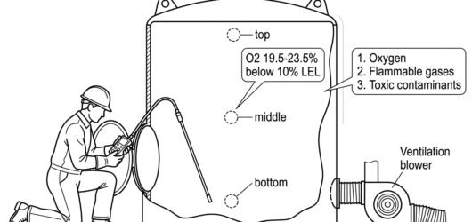 Technical diagram of a worker testing air quality with a probe at a confined space opening before entry, showing sampling at three depths and the oxyg