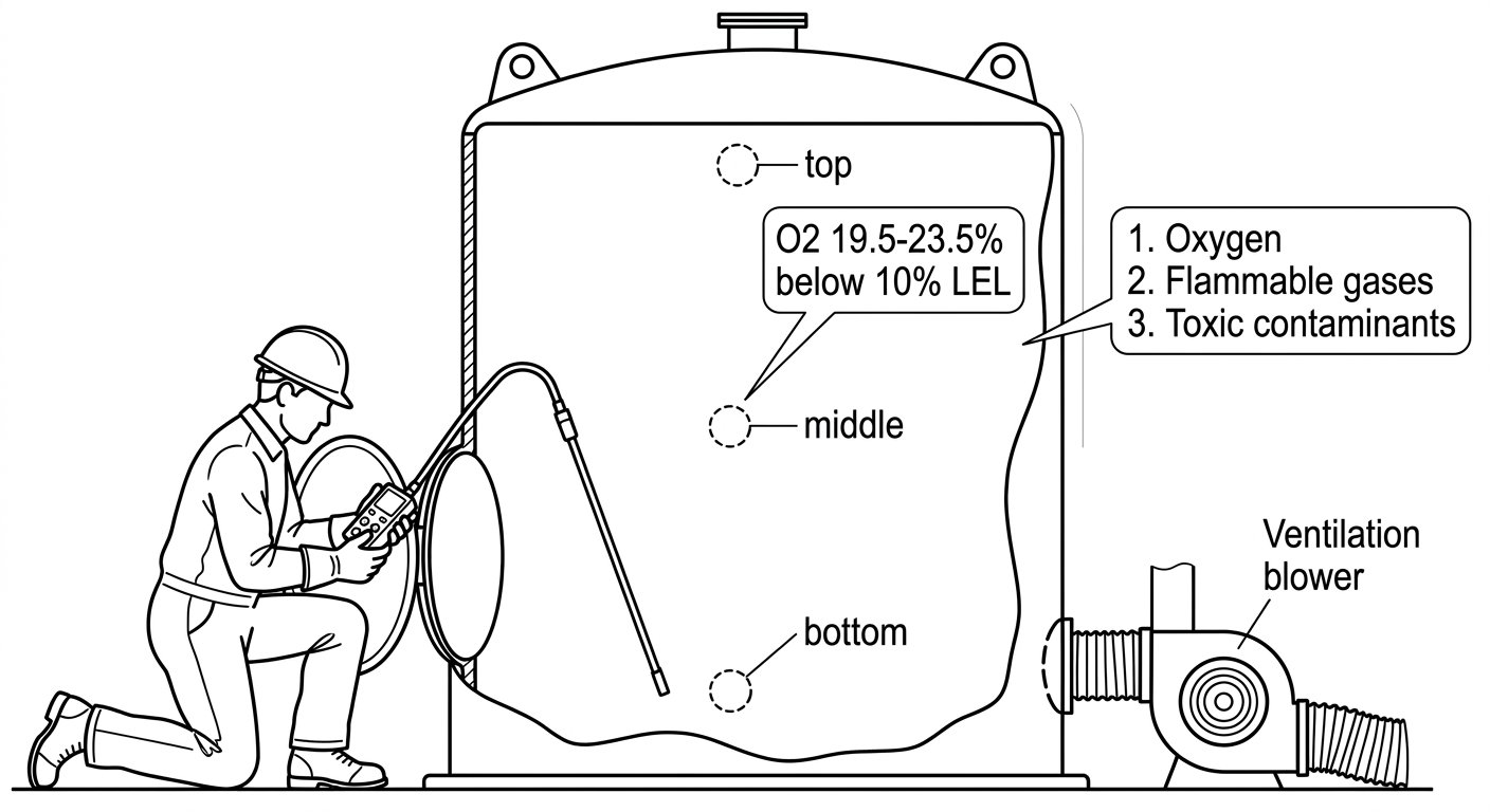 Technical diagram of a worker testing air quality with a probe at a confined space opening before entry, showing sampling at three depths and the oxygen-flammable-toxic testing order