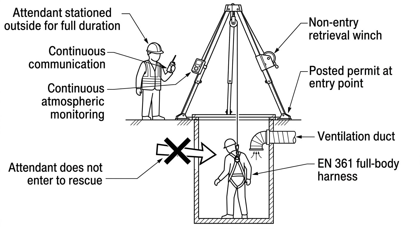 Technical diagram of an attendant stationed outside a confined space entry point, monitoring an entrant with a radio, gas detector and tripod retrieval winch