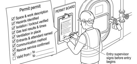 Technical diagram of an entry supervisor reviewing and signing a written confined space entry permit, checking off required controls on a permit board