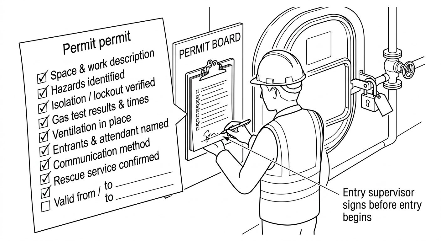 Technical diagram of an entry supervisor reviewing and signing a written confined space entry permit, checking off required controls on a permit board at the entry point