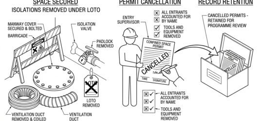 Technical diagram of confined space permit closeout: entrants accounted for, space secured, isolations removed, and the permit cancelled, signed and f