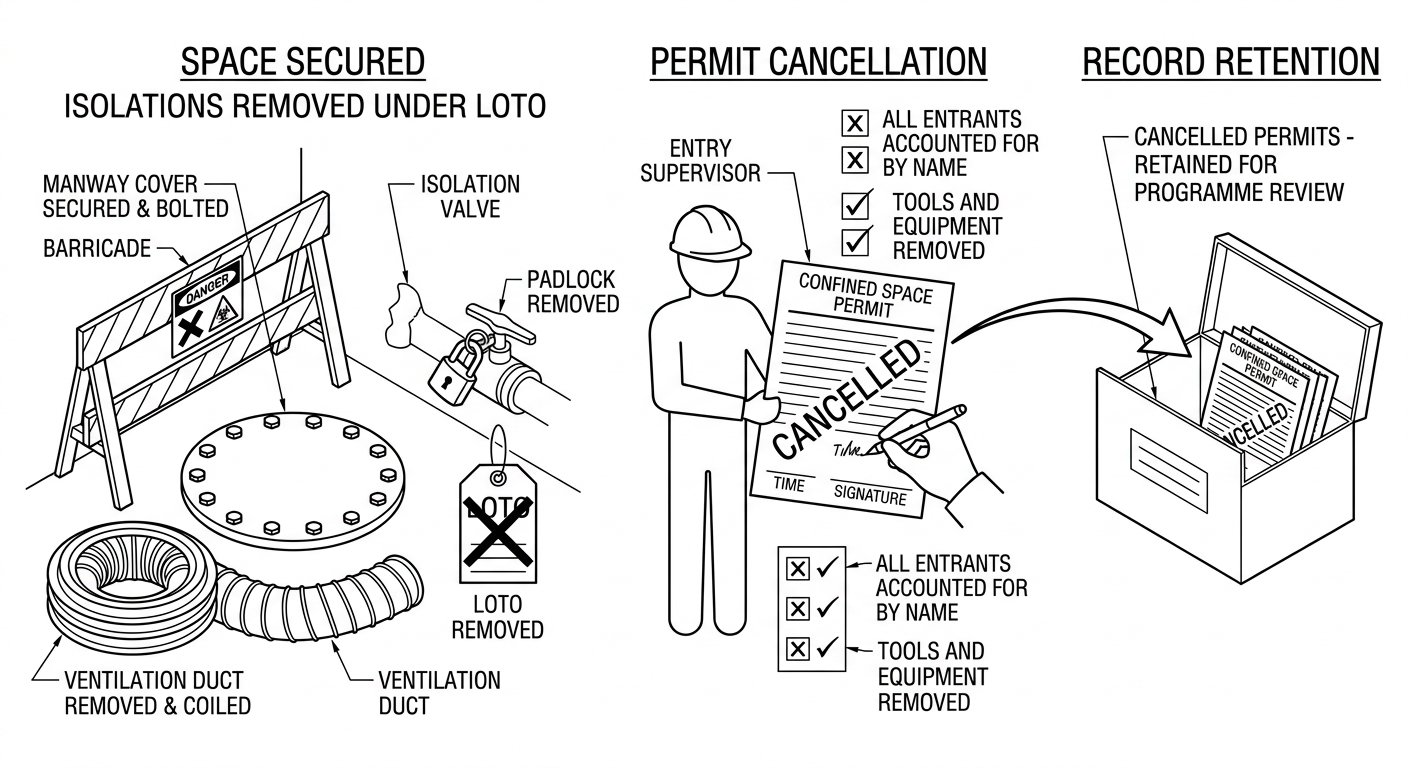Technical diagram of confined space permit closeout: entrants accounted for, space secured, isolations removed, and the permit cancelled, signed and filed